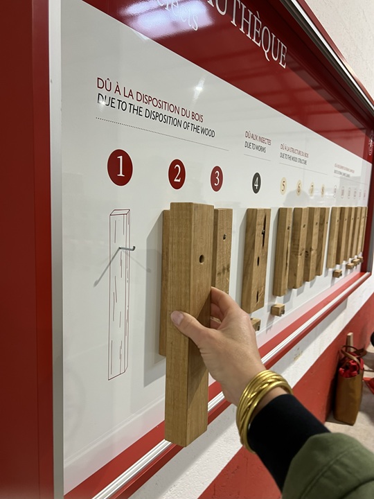 Défauthèque intégrant 14 échantillons de merrains représentatifs des défauts les plus fréquents