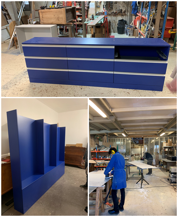Visite à l'atelier de menuiserie lors de la fabrication des meubles sur mesure. Meuble arrière comptoir en 2 morceaux et traitement du corian qui recouvrira le comptoir existant