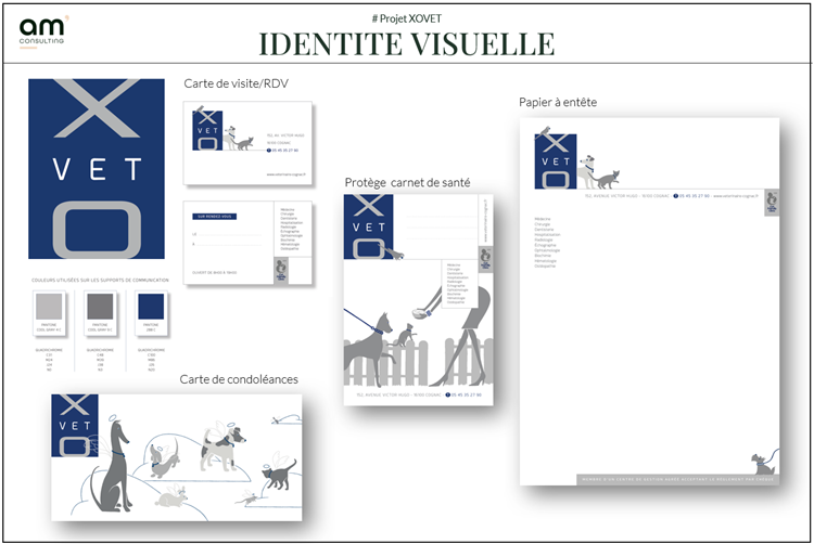 L'identité visuelle a été retravaillée sur la base de la façade. Création d'un nom pour la clinique : XOVET, d'un logo et toute la déclinaison