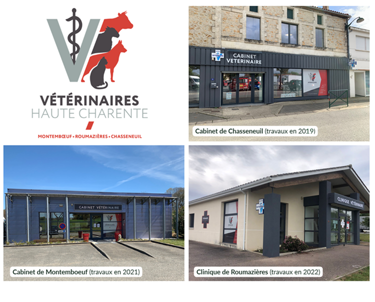 Les 3 établissements vétérinaires des "Vétérinaires de Haute Charente" après travaux - Homogénéité architecturale, visuelle et fonctionnelle entre les trois structures