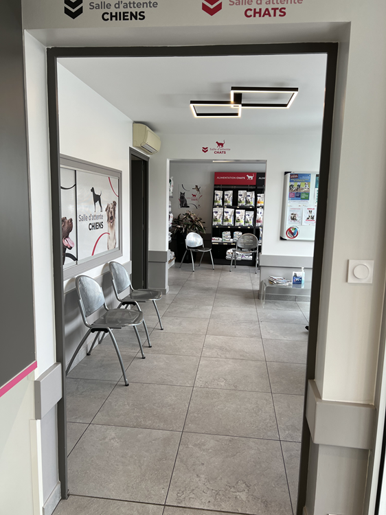 Les salles d'attente chiens puis chats au fond