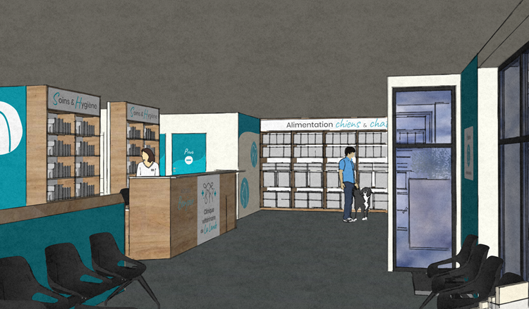 Simulation 3D du rendu de l'accueil avec vue sur le pet food - Meuble alimentation dessiné et conçu sur mesure