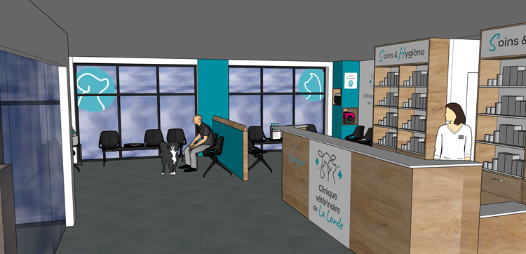 Simulation 3D du rendu de l'accueil avec vue sur les 2 salles d'attente chiens et chats