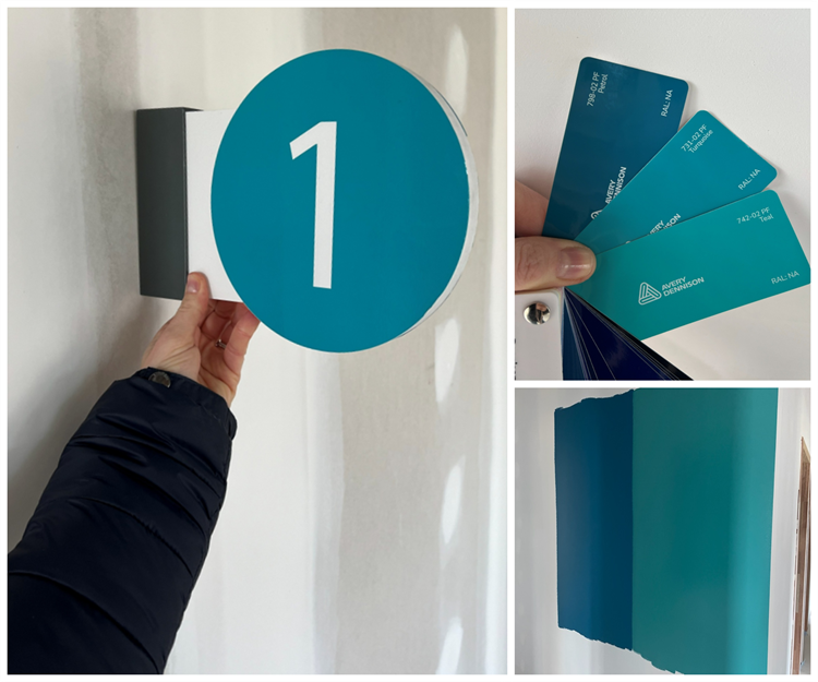 Les choix de teintes, matériaux et prototypes des enseignes drapeaux dans le couloir desservant les consultations de 1 à 6