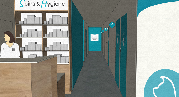 Simulation 3D du rendu du couloir menant aux salles de consultation 1 à 4