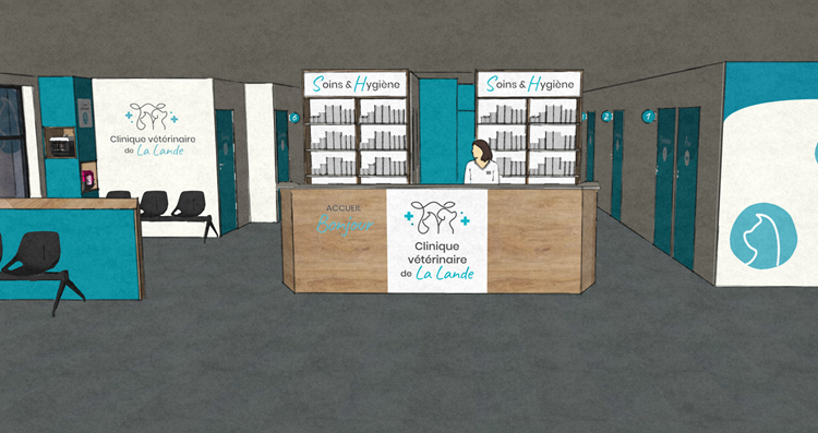 Simulation 3D du rendu de l'accueil en entrant dans la clinique