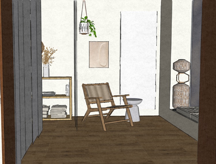 Maquette Simulation 3D du salon - Entrée / Accueil (vitrine à droite et panneaux japonais à gauche)