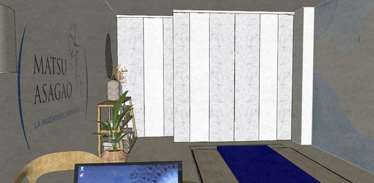 Maquette Simulation 3D du salon - Vue coté entrée (vitrine rue derrière les panneaux japonais)