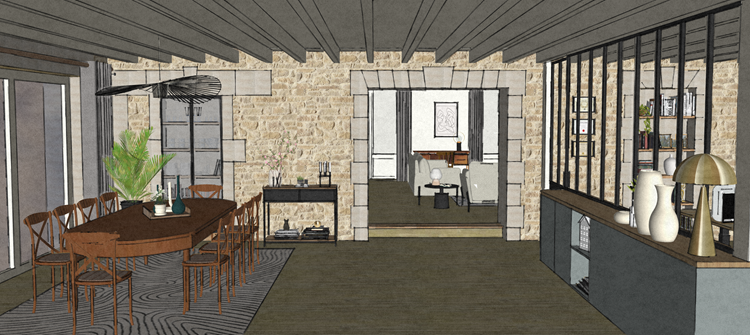 Simulation 3D du nouveau passage vers le salon, entre le bureau à droite et la salle à manger à gauche