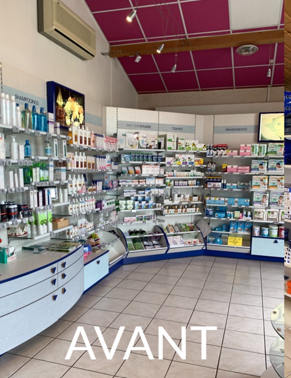 Avant - Parapharmacie avec mobilier d'angle (emprise au sol importante) et tiroirs et bacs en bas de descentes