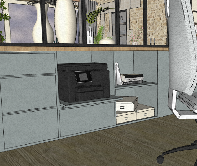Zoom sur la maquette du meuble bureau - Rangement ergonomique de imprimante