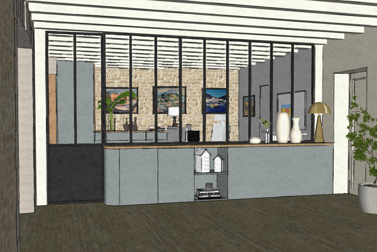 Simulation 3D du meuble de séparation et de la verrière coté salle à manger