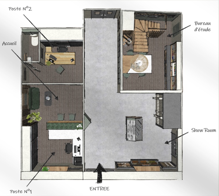 Plan de l'Atelier - Définition d'une fonction claire pour chaque espace accueillant du public : les bureaux, le showroom, le bureau d'étude des projets d'aménagement avec le meuble d'échantillons matériaux