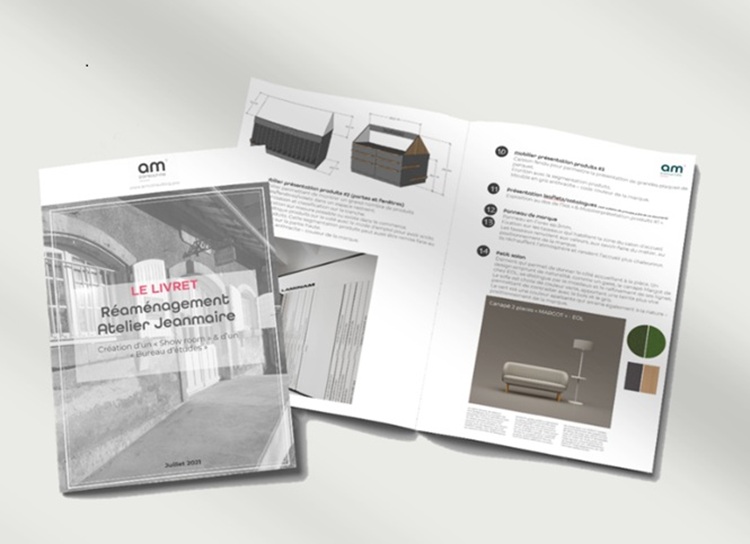 Book remis pour la fabrication de tous les mobiliers dessinés dans les simulations 3D, plans cotés, coupes et choix des matériaux