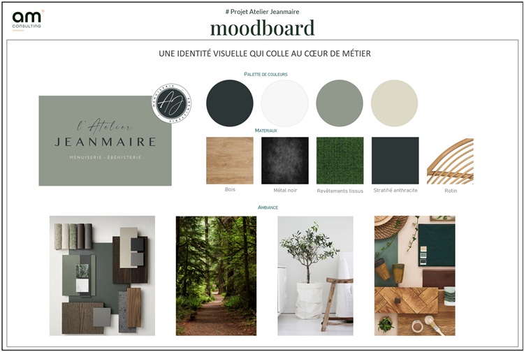 Planche tendance réalisée à partir de l'identité visuelle graphique et permet de trouver les matériaux et les couleurs qui donneront l'ambiance correspondant aux valeurs et au positionnement de la marque.