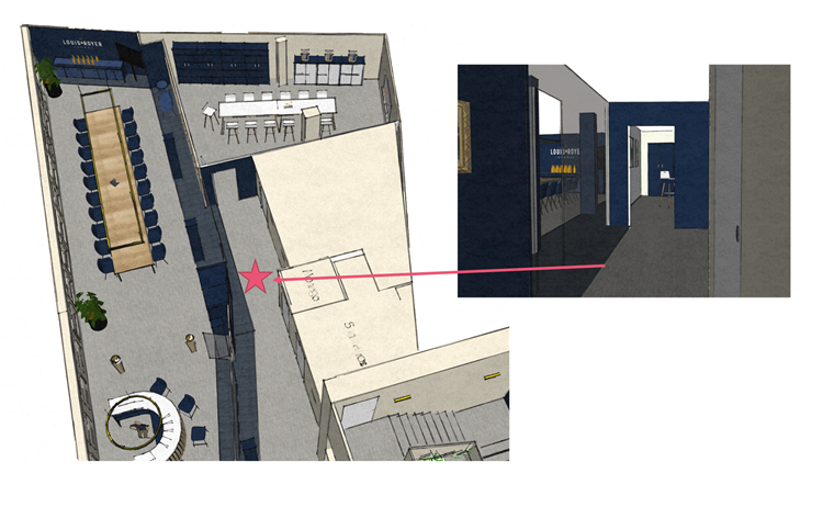 Intérêt de la simulation 3D : visualisation de la transparence de la salle de dégustation / réunion du couloir / du couloir