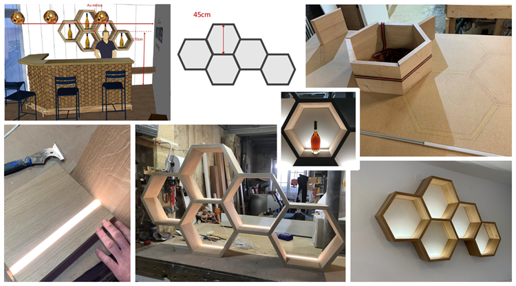 Etagères hexagonales dessinées et fabriquées sur mesure - Positionnées derrière le bar, éclairage et mise en valeur des bouteilles de la marque Louis Royer
