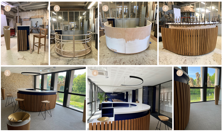 Etapes de fabrication du meuble de dégustation à l'atelier et positionnement dans la salle de réunion