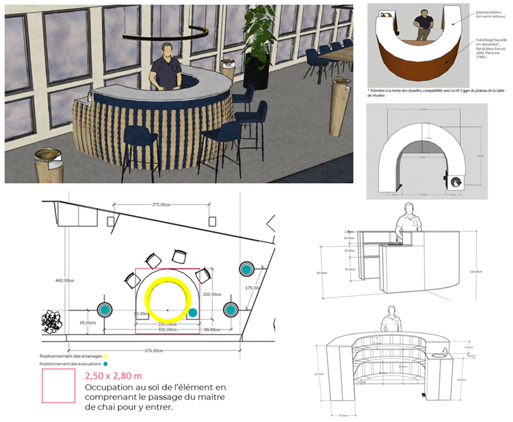 Plans de fabrication et positionnement du meuble de dégustation dans la salle de réunion