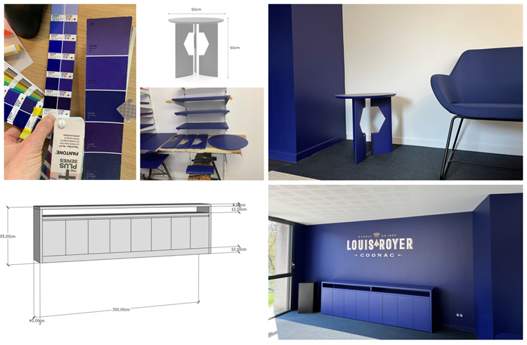 Meubles sur mesure, peints en bleu ton sur ton avec les murs