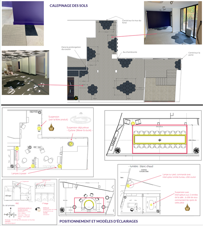 Quelques ex. de plans remis aux artisans afin de mettre en place les sols, éclairage, carrelage, etc... conformément aux plans dessinés