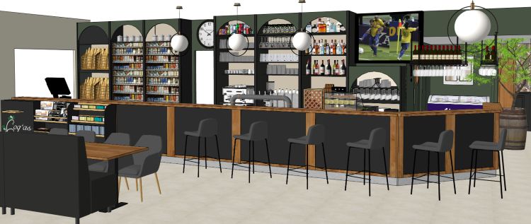 Maquette du bar avec le meuble dessiné sur mesure accueillant les services boulangerie, tabac et bar