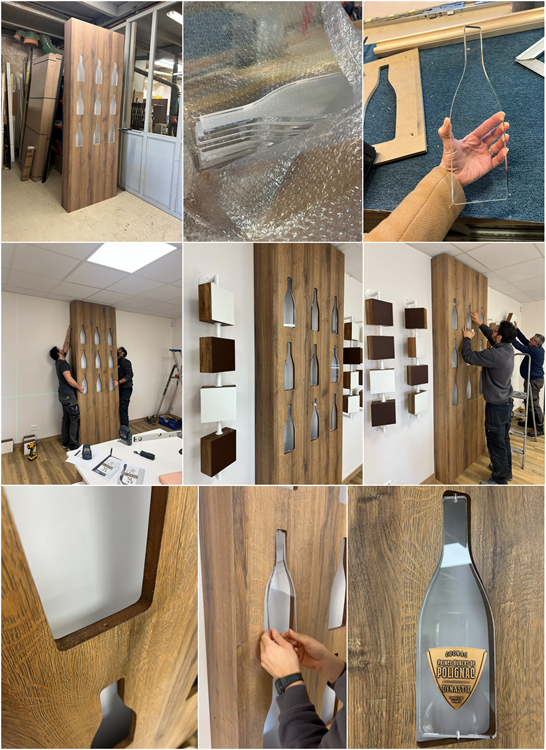 Les étapes de fabrication du meuble bouteilles plexi en rotation - Mise en avant des différents types d'étiquettes fabriquées par Nacara dans le showroom