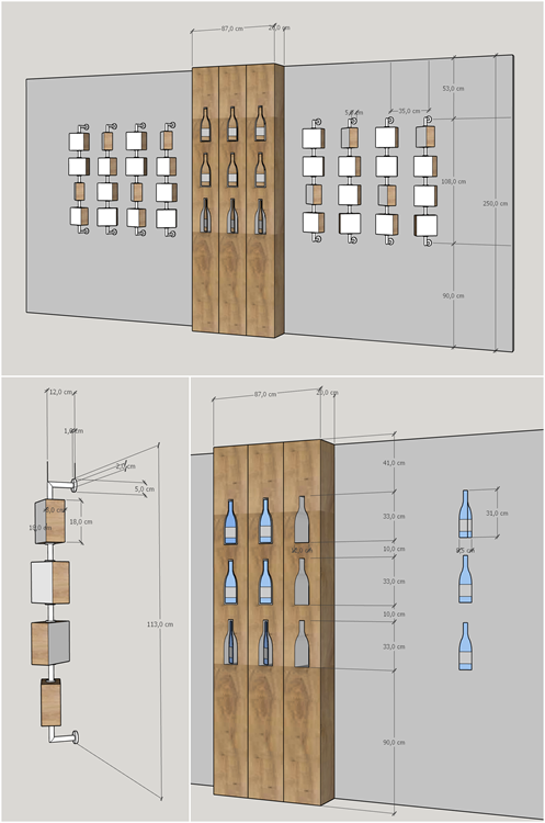 Dessins cotés des mobiliers sur mesure pour la mise en avant des produits fabriqués par Nacara. Cahier des charges pour la fabrication de ces meubles remis au serrurier/métallier et au menuisier